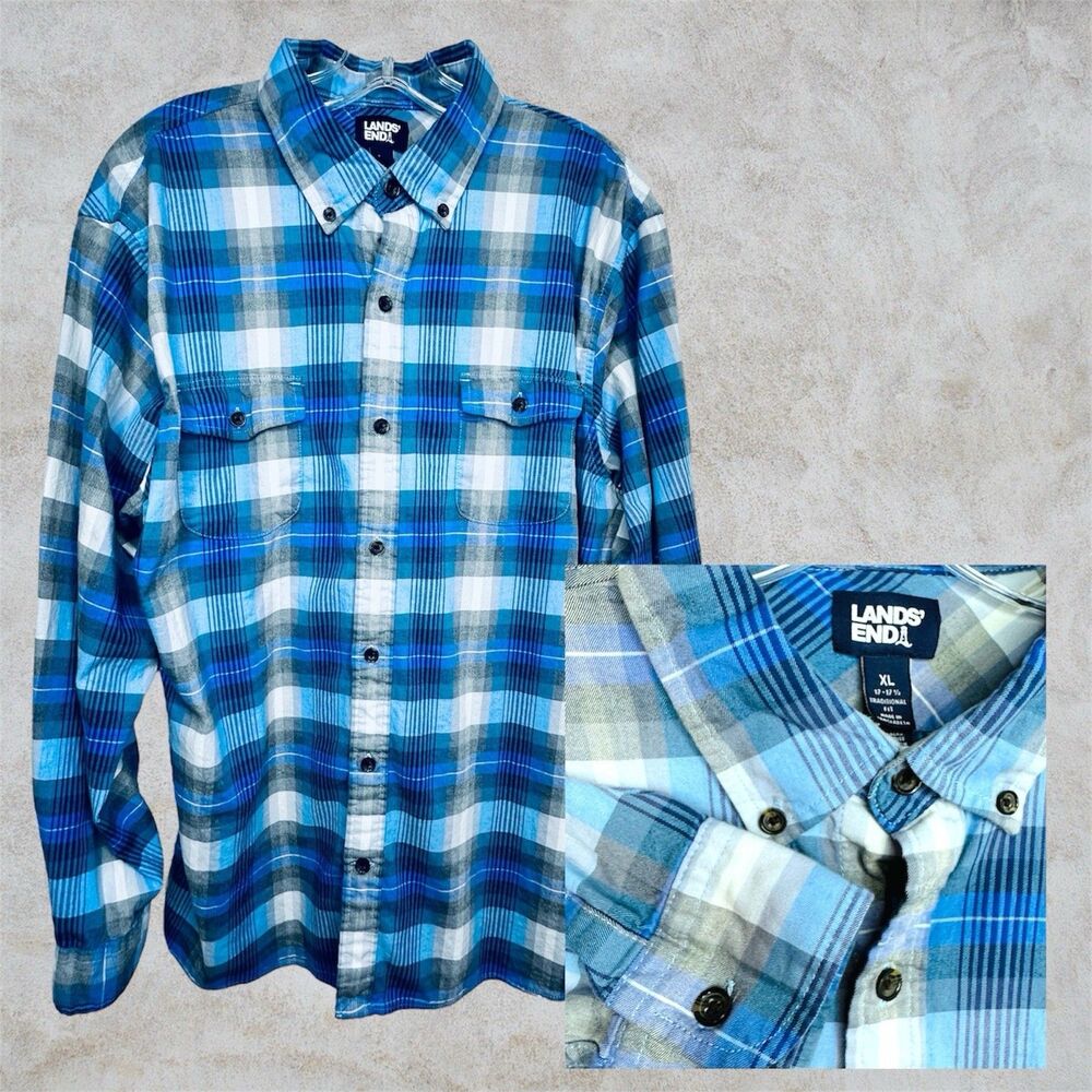 Lands' End Button-Up Dress Shirt Size XL 17-17.5, Regular Traditional Blue Plaid